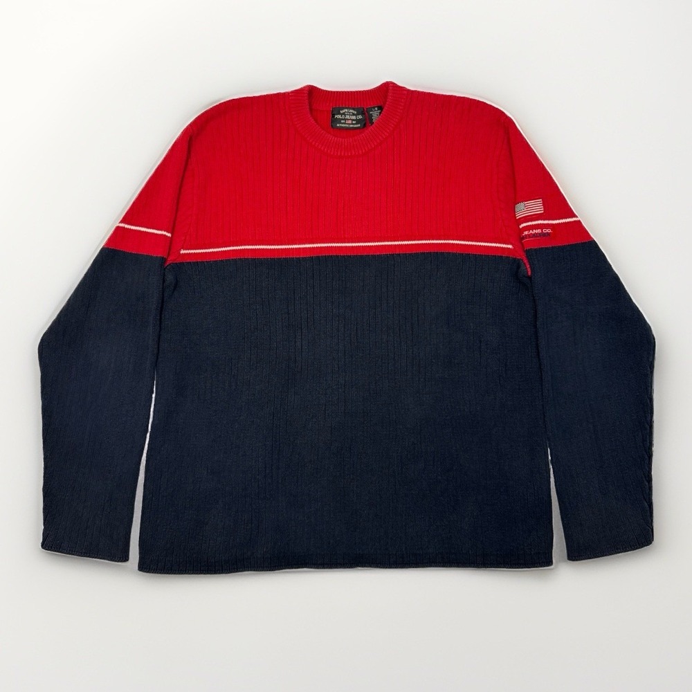Polo Jeans Co Ralph Lauren Sweater Large Navy Red Ribbed Crewneck Flag Patch Y2K